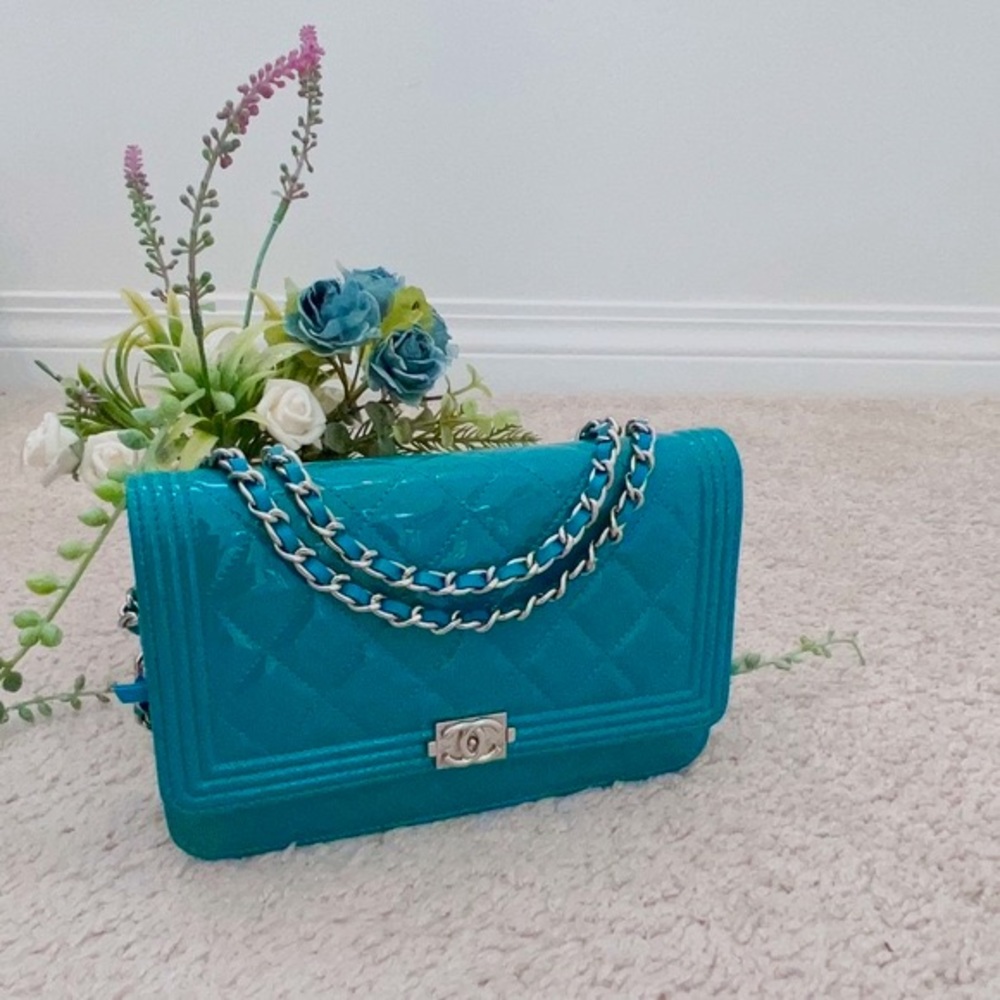 Chanel Boy Wallet on Chain Turquoise Patent WOC